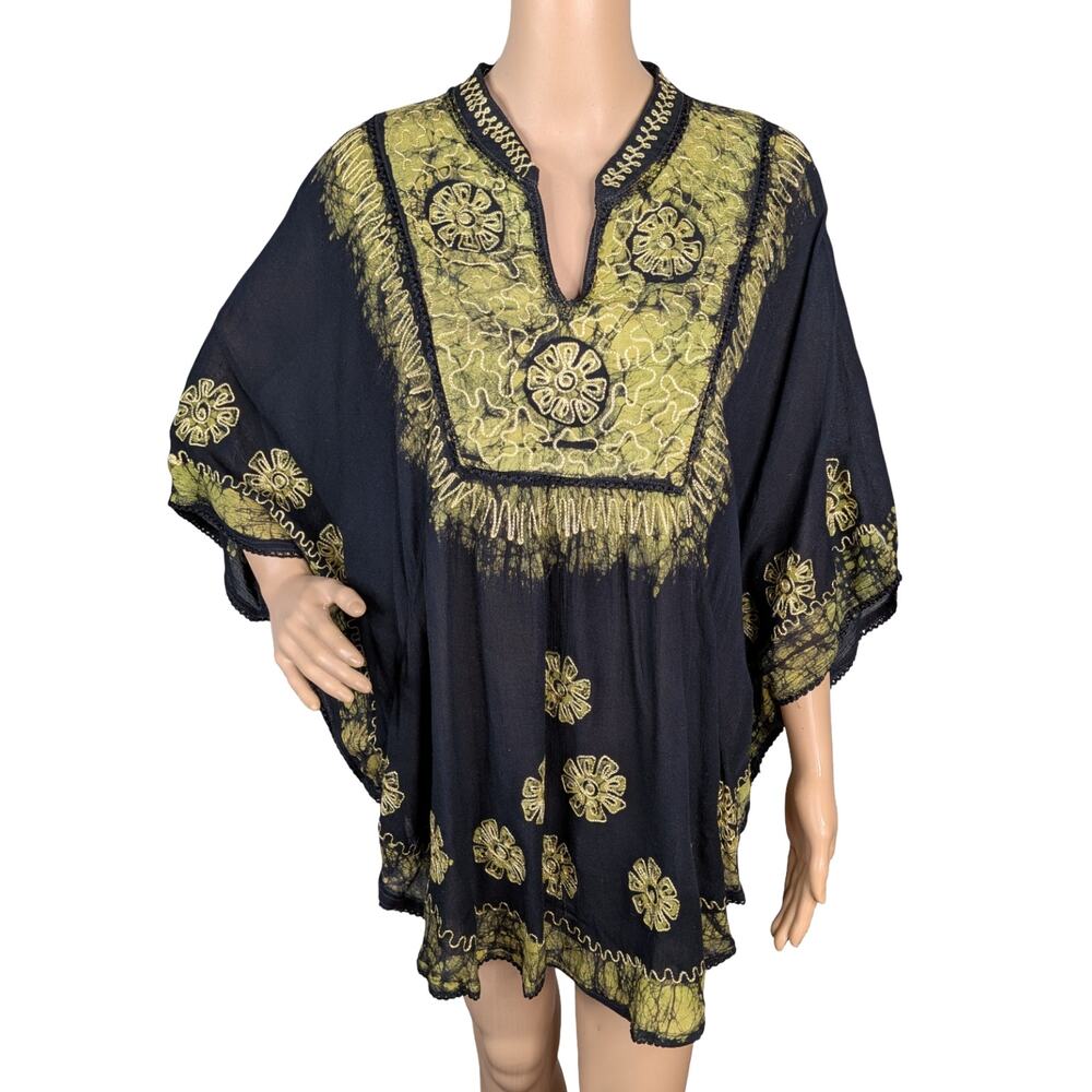 Vtg Black Green Batik Tie Dye Embroidered Bohemian Hippie Caftan Tunic Top OS